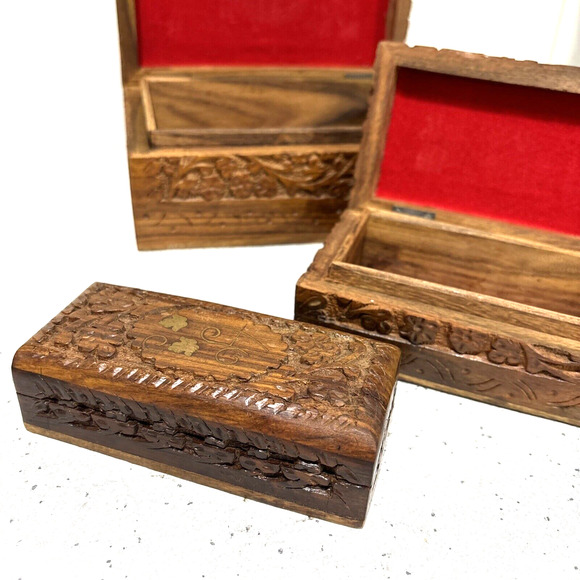 Vintage Carved Wood Nesting Boxes (3) Ornate Hinged Brass Inlay Stacking Jewelry - Picture 8 of 12